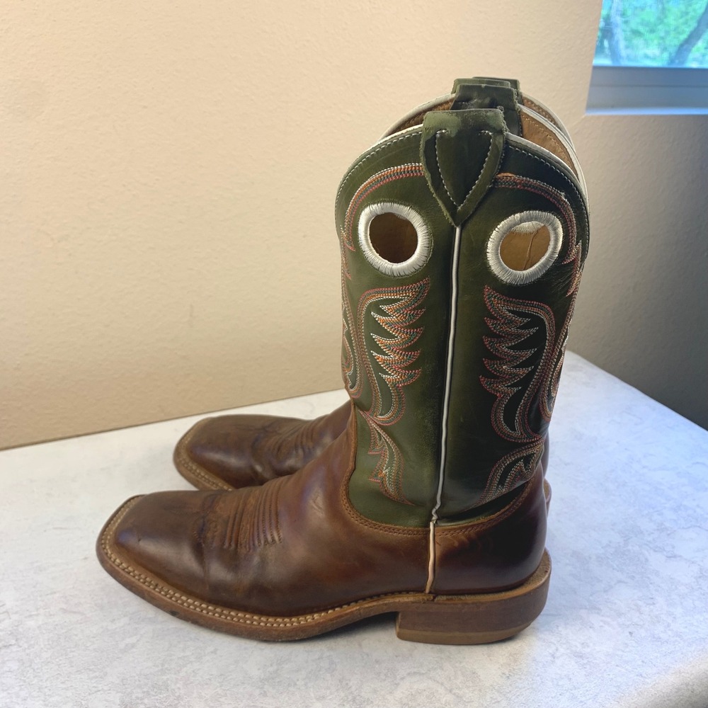 Justin 6.5D Bent Rail BR307 Cowboy Boots Brown Green 11" Square Toe USA Made - Picture 3 of 16